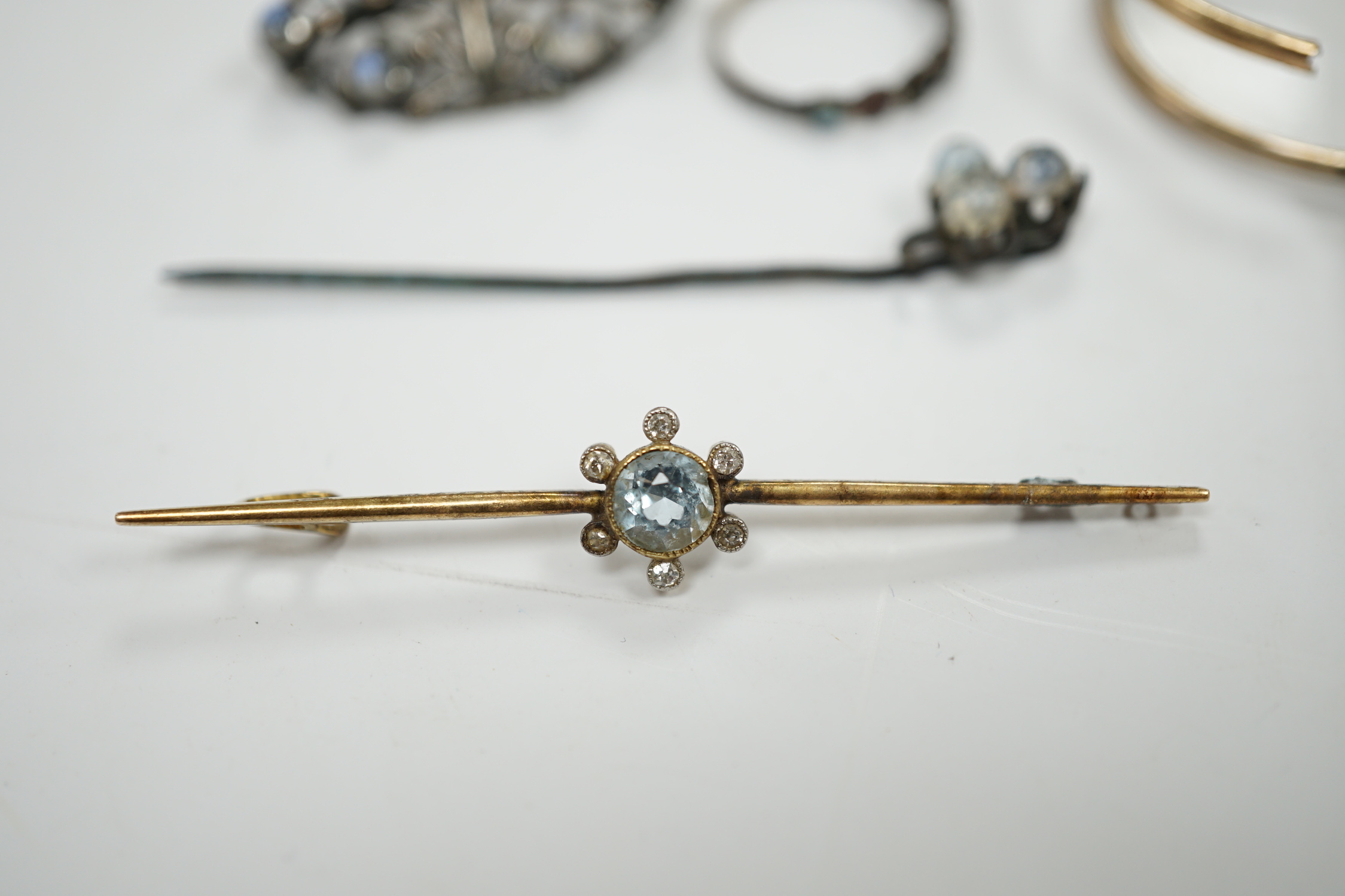 A pair of gold plated lorgnettes (a.f.) and five other items of jewellery including moonstone set (all a.f.).